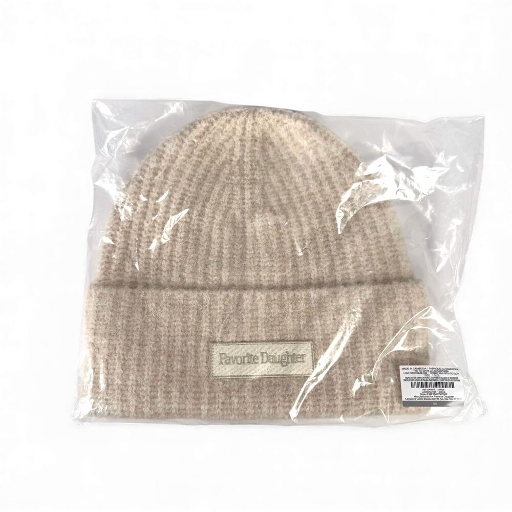 Favorite Daughter Logo Patch Rib Beanie Hat Ivory 1 Size